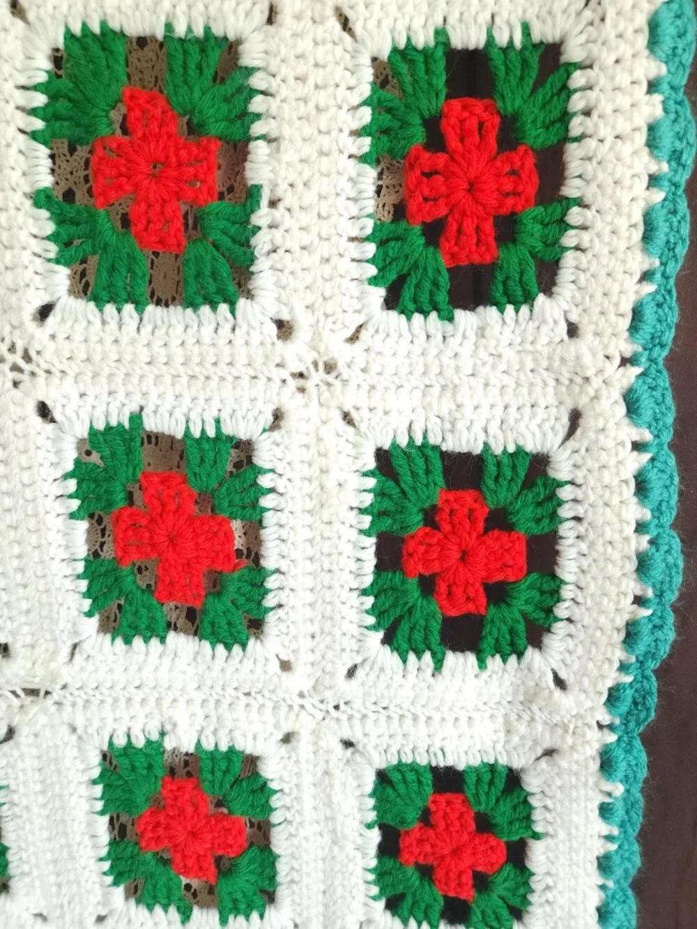 Vintage 1970s Afghan, Granny Square Crochet Lap Blanket, Red Green White Poinset